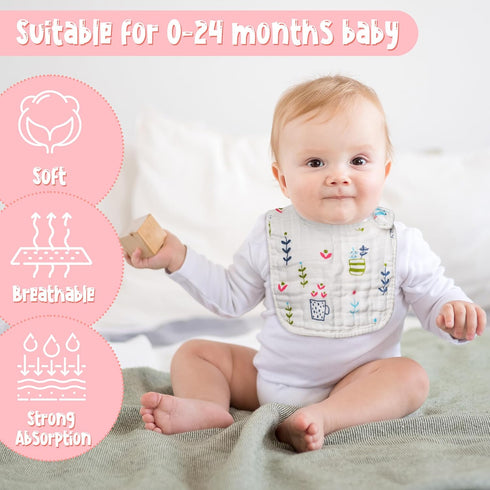 Zainpe 6Pcs Snap Muslin Cotton Baby Bibs Infants Feeding Bib Adjustable Soft Drool Bibs for Toddlers Girl Boy