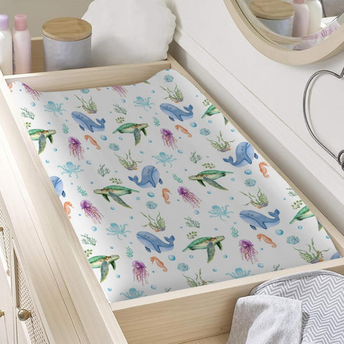 Colorful Sea Animals Changing Pad Cover, Soft Stretch Changing Pad Mats Covers 32''x16'' for Boys Girls Turtle Whale