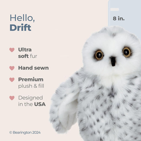 Bearington Collection Snowy Owl Plush Stuffed Animal, 8-Inch Soft & Fluffy Design for Kids & Babies