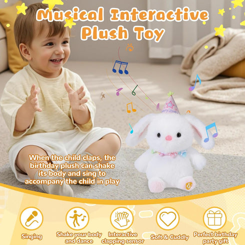 Easter Bunny Stuffed Animal Birthday Interactive Bunny, Musical Birthday Stuffed Animal, Clapping Activates Singing