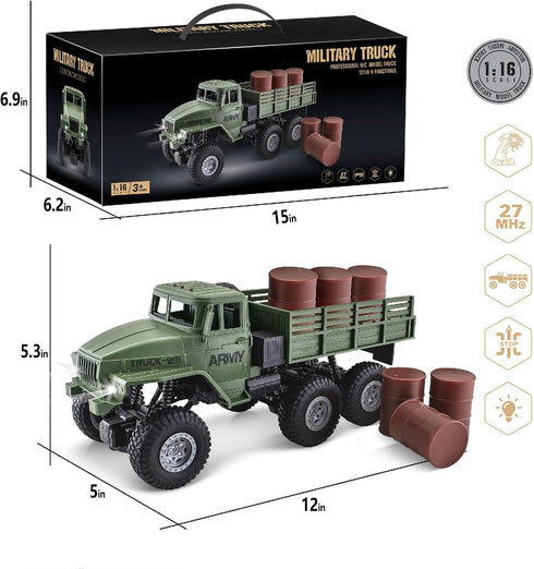 6x6 1/16 4WD JPJCOOY RC Military Truck Road Remote Control Car Scale Remote Control Truck All Terrain Rock Army