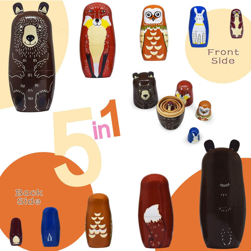 GRPSKCOS Russian Nesting Dolls, Animal Bear Matryoshka Dolls, Cute Handmade Wooden Toys Set of 5 for Kids
