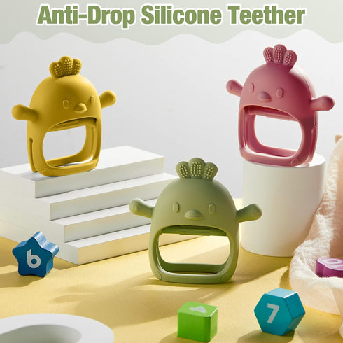 3 Pack Baby Teether Teething Toys for 0-6 Months - Silicone Anti Dropping Infant Hand Teether Pacifiers (Olive Green,
