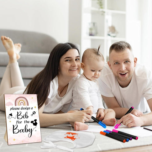 55 Pcs DIY Baby Bibs Set Includes 22 White Feeder Bibs, 22 Stencils, 10 Fabric Markers, 1 Wooden Baby Shower Game Sign
