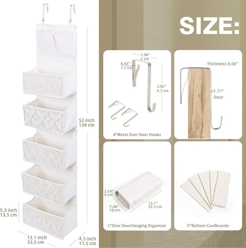 5 Closet ANTIS'S HOME Over the Door Organizer Macrame Boho Nursery Storage with Large Woven Pockets, Hanging Basket