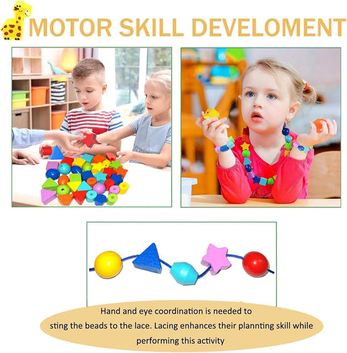 Intsinzi 46PCS Montessori Lacing Beads, Threading Toys for Toddlers, Wooden Fine Motor Skills Educational Toy for 3-6
