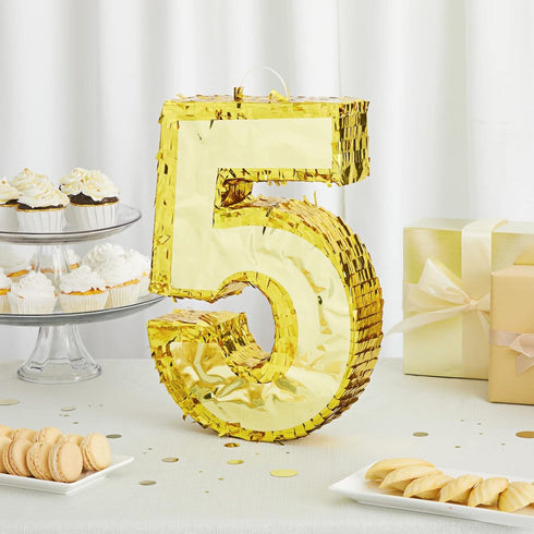 Gold Foil Number 5 Pinata for 5th Birthday Party Decorations, Centerpieces, Anniversary Celebrations (Small, 15.5 x