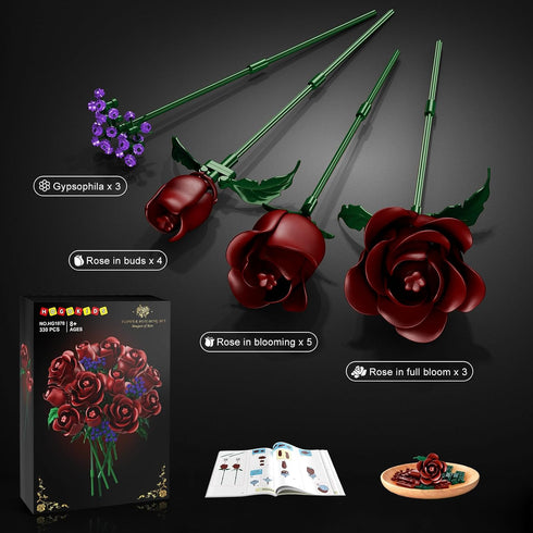 Set 15 330PCS HOGOKIDS Flowers Bouquet Building - Burgundy Roses Mother's Day Gfit for Mom, Deep Red Rose Botanical