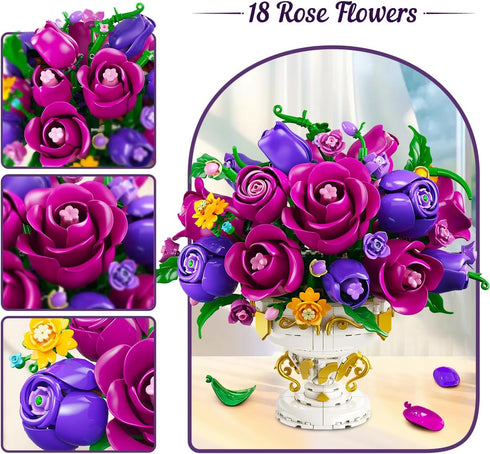 Set 905 18 12+ PLAXSOON Purple Rose Flower Building with Vase, PCS Mothers Day Botanicals Flowers Bouquet Building