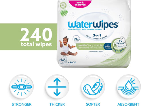 3-In-1 99.9% 240 Count (4 Packs) WaterWipes Sensitive+ Baby & Toddler Wipes, Cleans, Cares, Protects, Water, Textured