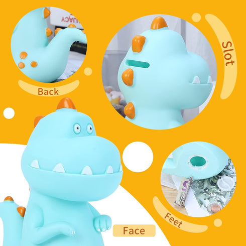 H&W Dinosaur Money Bank (Blue), Shatterproof Tyrannosaurus Rex Piggy Bank, First Coin Bank for Kids, Best Christmas