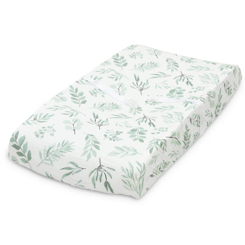 Organic Muslin Changing Pad Cover, Fitted Baby Changing Mat, Soft and Breathable, Eucalyptus Leaves, 16”x32”