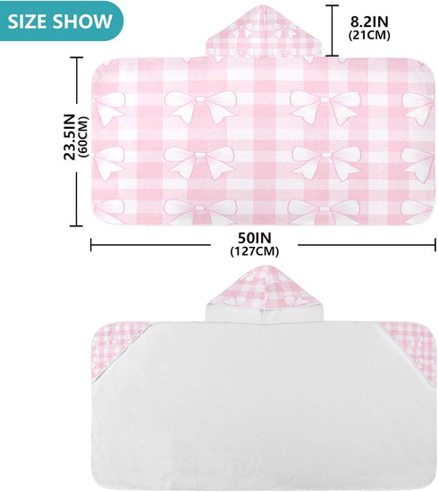 Takiito Bows on Pink Gingham Hooded Baby Towel for Newborn Infant, Soft & Absorbent Bath Towel Essentials, Machine
