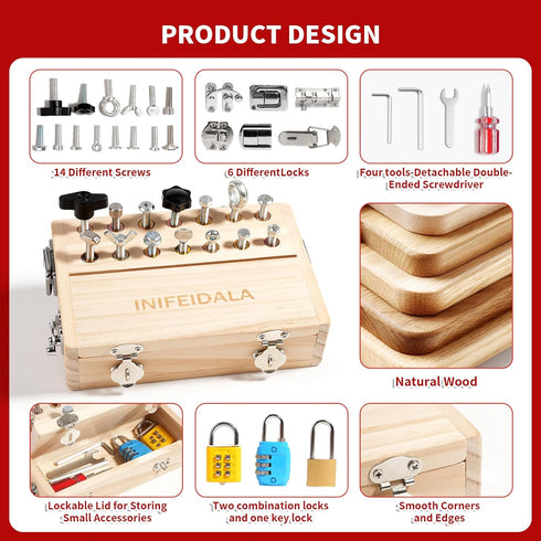 3-5 Set INIFEIDALA Montessori Busy Board - Wooden Sensory Activity Toy for Year Olds with Locks, Keys & Screwdriver