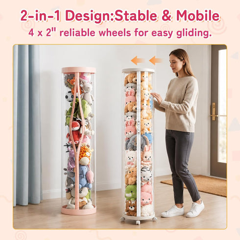 Flarelyare (150cm) 4 Upgraded Stuffed Animal Storage Tube,Tall Plush Organizer with Wheels,Pink PET Clear Bucket