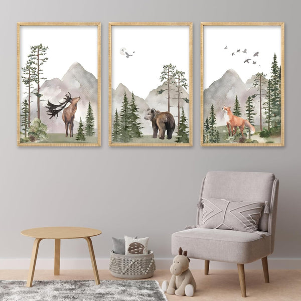 LuZhiQiang Set Of 3 Wild Woodland Nursery Animals Wall Art Decor 16x11 Inch