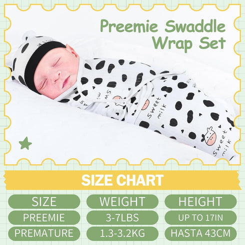 VitalCozy 2 Pack 3-7 Lbs Preemie Baby Swaddle Blanket Wrap with Hat Preemie Hat Newborn Receiving Blanket Wrap for Boy