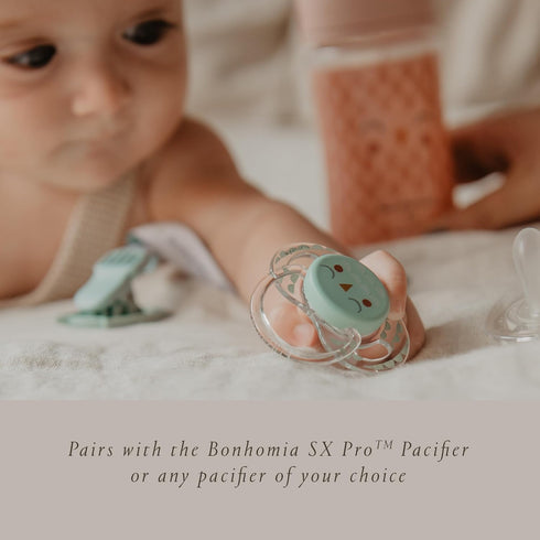 (0mo+), Suavinex Bonhomia Premium Baby Pacifier Clip with Ribbon, Stylish Binky Clips with Double Sided Design, Baby