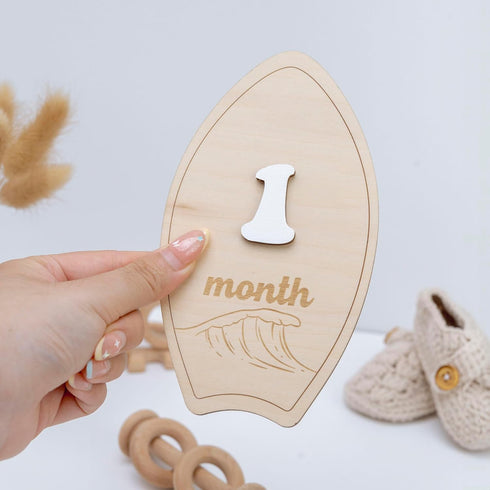 TTMerriwood 112 Set, Wooden Surfboard Baby Monthly Milestone Sign, Month Photo Prop Beach Wave Design Neutral Nursery