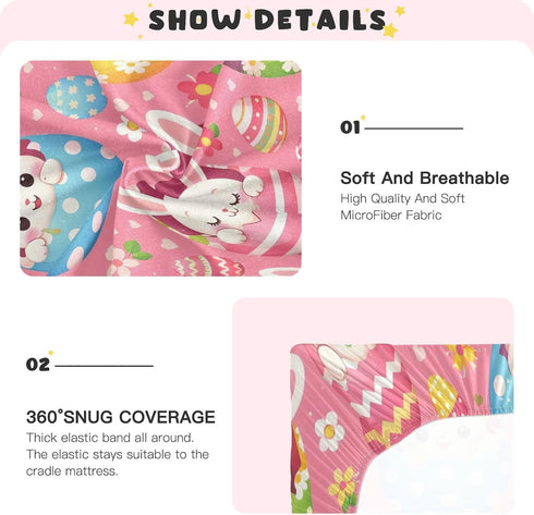 SDMKA 27x39 Inch Easter Cartoon Bunny Pink Crib Sheets for Boys Girls - Portable Microfiber Fitted Crib Sheet