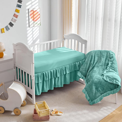 Set 3 Tufted Ruffle Crib Bedding Pieces Baby Girls Boys Boho Quilted Comforter with Fitted Sheet and Bed Skirt - Cute