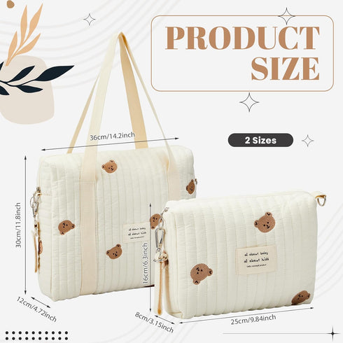 2pcs Set Paterr Quilted Diaper Bag Tote Multifunction Cotton Maternity Hospital Bag Overnight Travel Handbag for Women