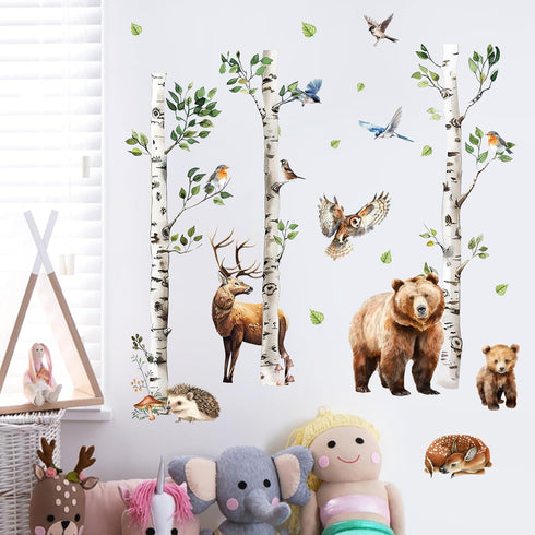 Mfault Forest Animal White Birch Tree Wall Decals Stickers, Woodland Bear Deer Hedgehog Owl Birds Baby Nursery Decor