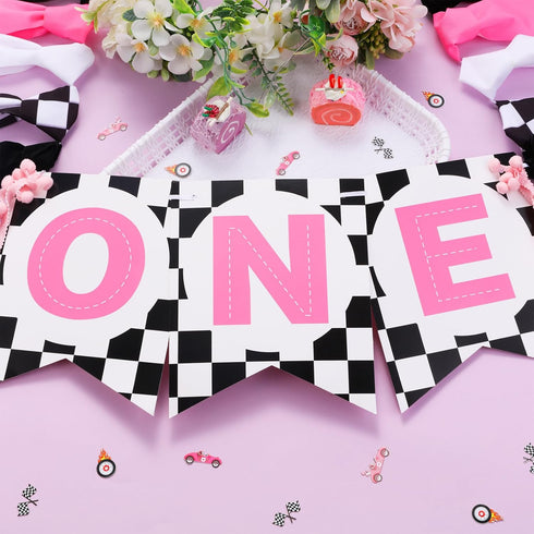 1st JOYMEMO Fast One Birthday High Chair Banner - Pink Black Race Car Birthday Party Decorations, Girl, One Year Old