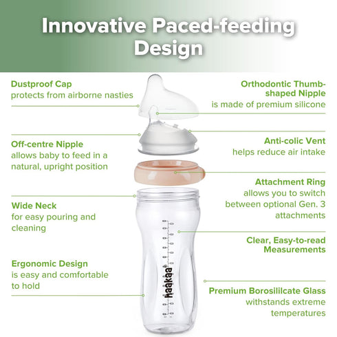 Gen.3 11oz/1PK 6m+ haakaa Natural Glass Baby Bottle - Wide Neck Anti-Colic Variable Flow Nipple,Easy to Clean & Latch