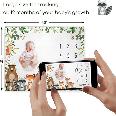 Woodland Baby Monthly Milestone Blanket, 50"x40", Growth Chart with Woodland Animals, Includes Marker