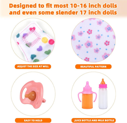 Set 7 Set CARANOVO Baby Doll Accessories Pcs Feeding and Caring with Magic Disappearing Bottles, Pacifier, Diapers