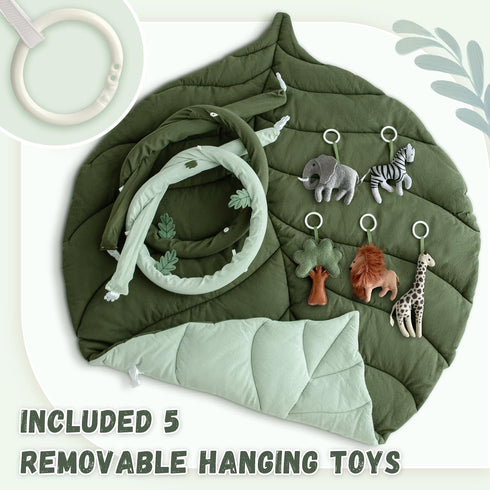 5 Tummy Baby Play Gym with Mat Leaf Shaped, Baby Play Mat with Hanging Toys Time Mat, Baby Gym Activity Center