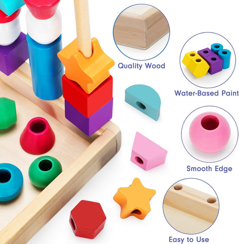 Montessori Wooden Lacing Beads Toys for 2-4 Year Olds, Sequencing & Stacking Block Toy with Storage Box