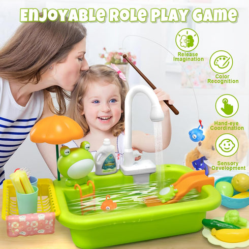 Aukful Play Sink with Running Water,Kids Sink Toy with Automatic Water Cycle System,Sink Fishing Game Toy with Food