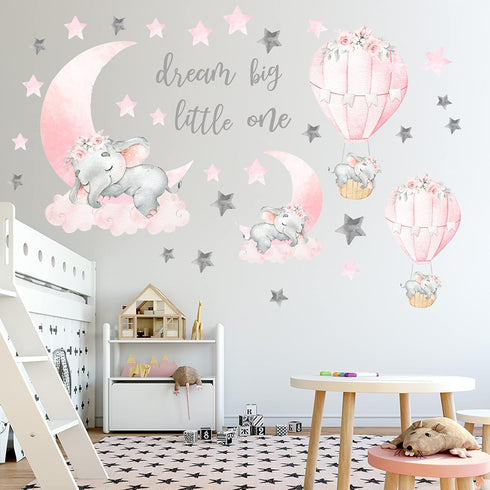 WEWINLE Dream Big Little One Elephant Wall Stickers, Pink Moon Hot Air Balloon