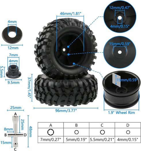 4 Pcs 1/10 Wheels and Tires with Lock Nuts, 12mm Hex Hard Dish Wheel for Racing Off Road Buggy Truck