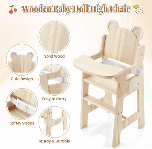Set 15-20 Inch BABESIDE Wooden Baby Doll High Chair for Dolls Furniture, Babydoll High Chair with Adjustable Tray, Safe