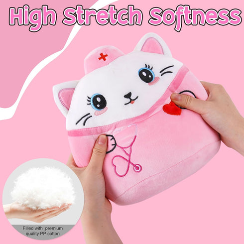 8-Inch Nurse Cat Stuffed Animal, Pink Cat Plush Toy with Stethoscope Embroidery, Cute Cat Plushie Pillow Gifts