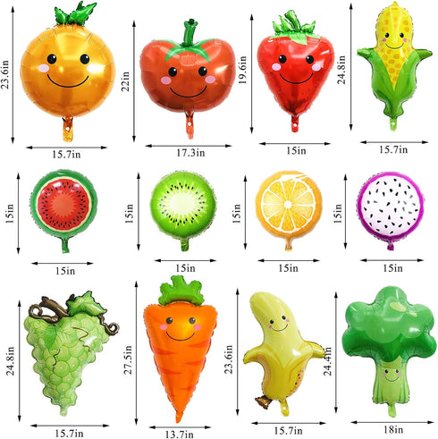 12PCS Fruit Vegetable Foil Helium Mylar Balloons, Party Decoration Supplies for Baby Shower Birthday Christmas Kids