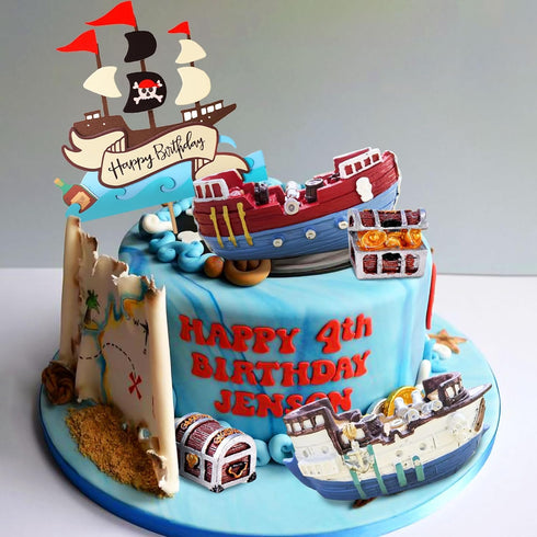 Sailboat Set Pirate Ship Cake Topper Nautical Model Decoration Gold Coins and Pirate Gems Pirate Treasure Chest Compass