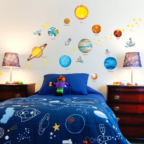 Decowall DS8-1307 Planets in The Space Kids Wall Decals, Peel and Stick Removable Stickers for Nursery