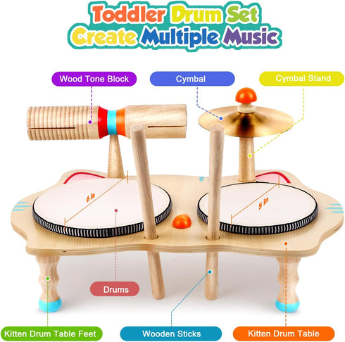Set 6-in-1 13, Set WINGYZ Kids Drum Wooden Musical Instruments for Toddlers Montessori Baby Music with Drums, Cymbal