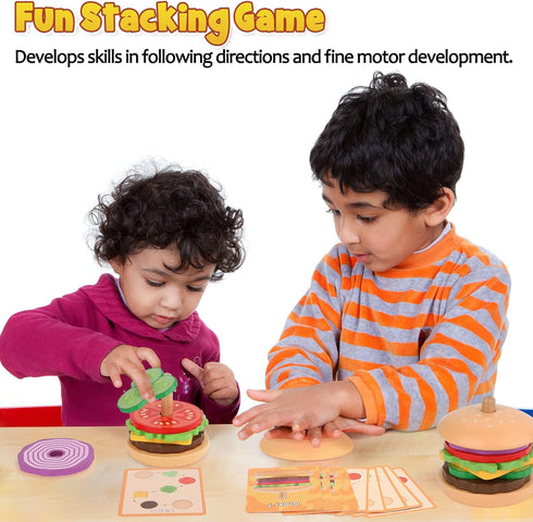 Montessori Toys for 3 Year Old - Wooden Burger Stacking Toys for Toddlers - Educational Fine Motor Skill Toy