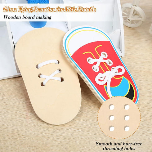 FLATRI Wooden Red Shoe Tying Practice for Kids, How to Tie Your Shoes for Kids Threading Lacing Shoes Training, Learn