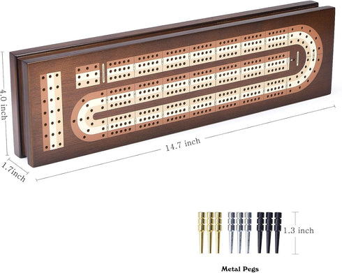 Set 2 3 Sets AMEROUS Wooden Cribbage Board Game with Magnetic Lock - Metal Pegs - Playing Cards - Continuous Track