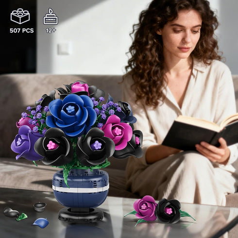 Set 507PCS Set HiWEEGO Flowers Botanicals Building - Artificial Purple Black Rose Bonsai Plant for Home Decor