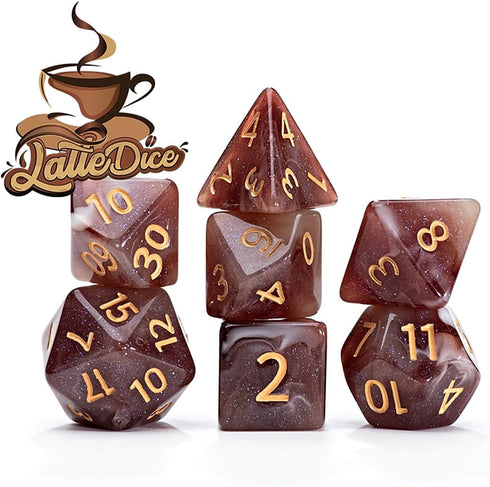 Gate Keeper Games and Dice: Aether Dice - Latte Dice 7pc RPG Set, Brown & Cream Swirled with Holographic Glitter