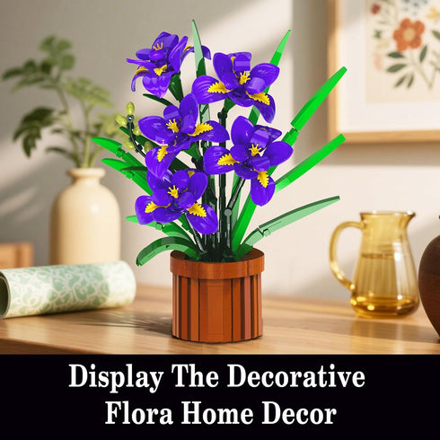 Set 808PCS CUBIMANA Flowers Botanicals Iris Building - Mother's Day Artificial Purple Bonsai Plant for Home Office