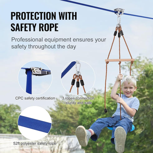 VEVOR Zipline Kit for Kids and Adults - 52 ft Zip Line Kits Up to 500 lb, Quick Setup Backyard Playground Entertainment