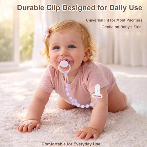 4 Packs Silicone Pacifier Clip Holder with One-Piece Beads, Soft Flexible and Rust-Free Binky Pacifiers Clips